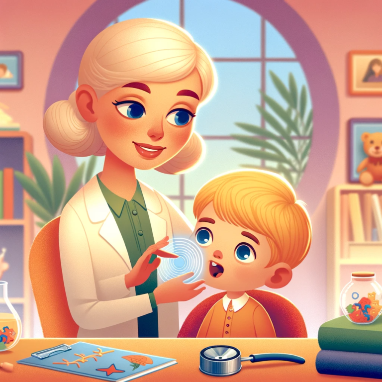 A Cartoon Style Illustration Of A Female Speech Therapist With Blonde Hair, Bright Skin, And Blue Eyes, Working With A Child In A Speech Therapy Offic