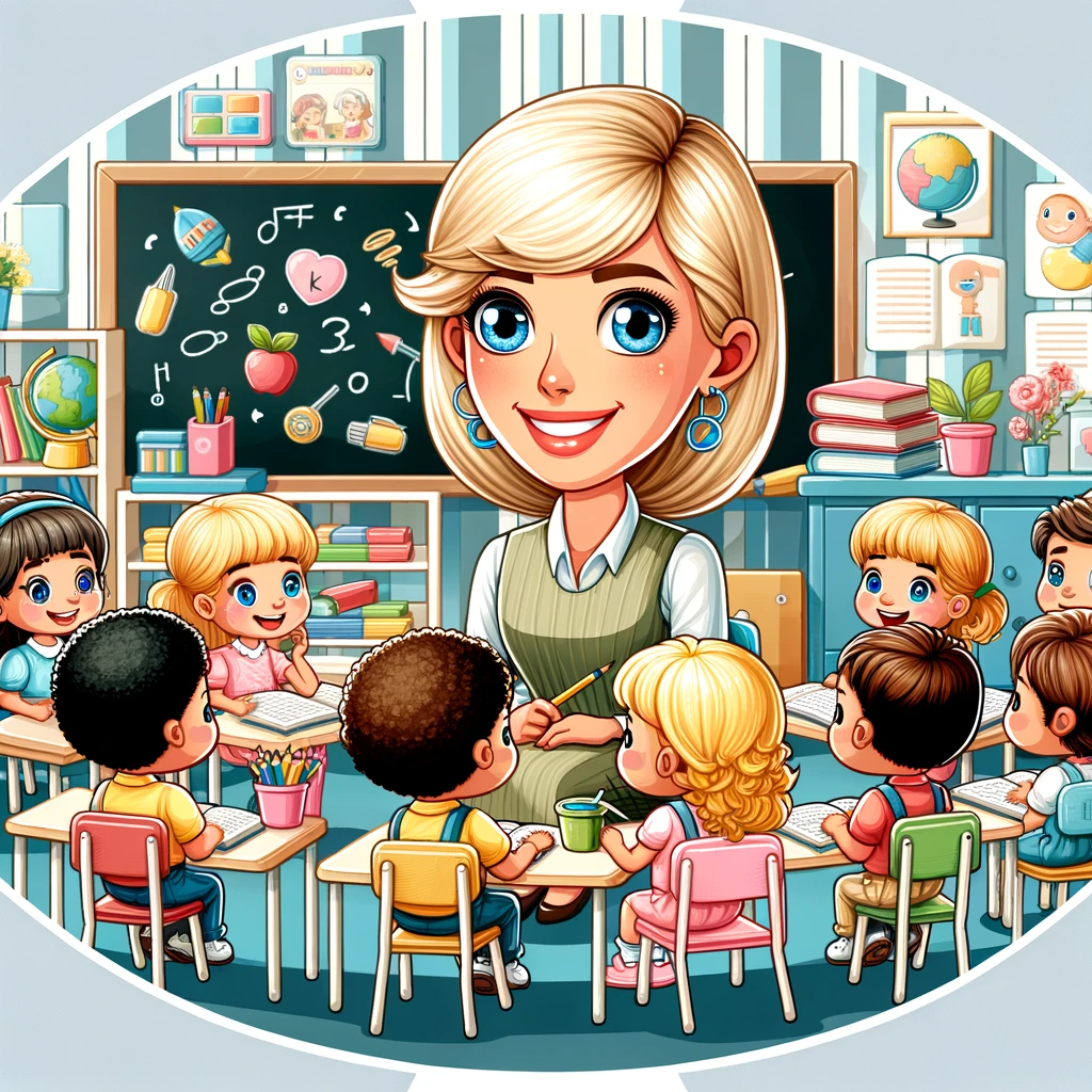 Style Illustration Of The Same Female Speech Therapist With Blonde Hair, Bright Skin, And Blue Eyes In A School Themed Environment, Now Work