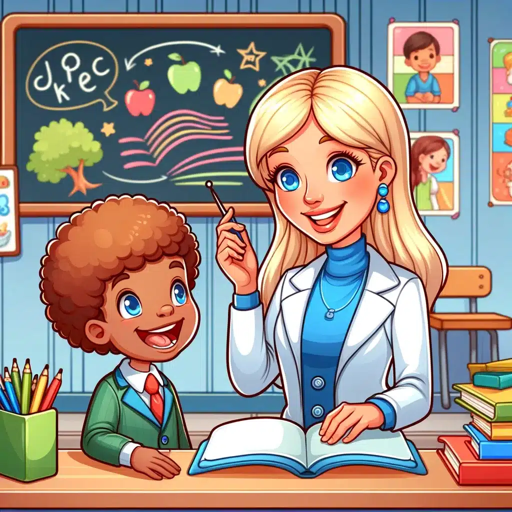 Style Illustration Of The Same Female Speech Therapist With Blonde Hair, Bright Skin, And Blue Eyes, Working With A Child In A School Themed
